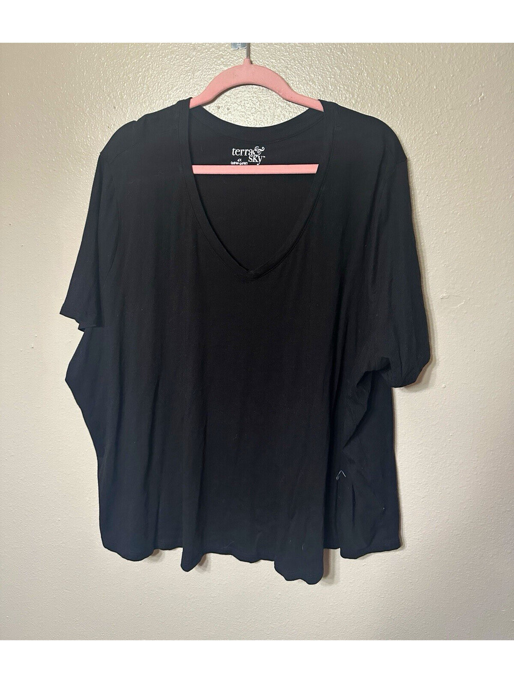 Terra & Sky Womens 4X Black V Neck Short Sleeve T Shirt Plus Size 28W-30W